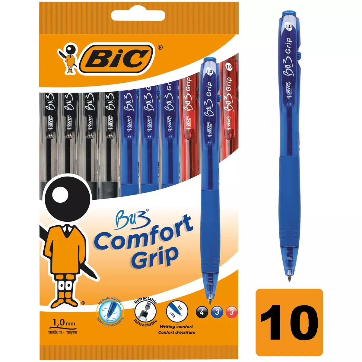 BIC - Bolígrafos Retráctiles BU3 Grip Colores Azul