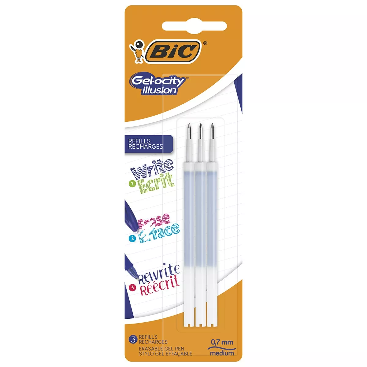 BIC - Pack De 3 Recargas Para Bolígrafo Borrable Gel Gelocity Illusion Punta Media Azul barato