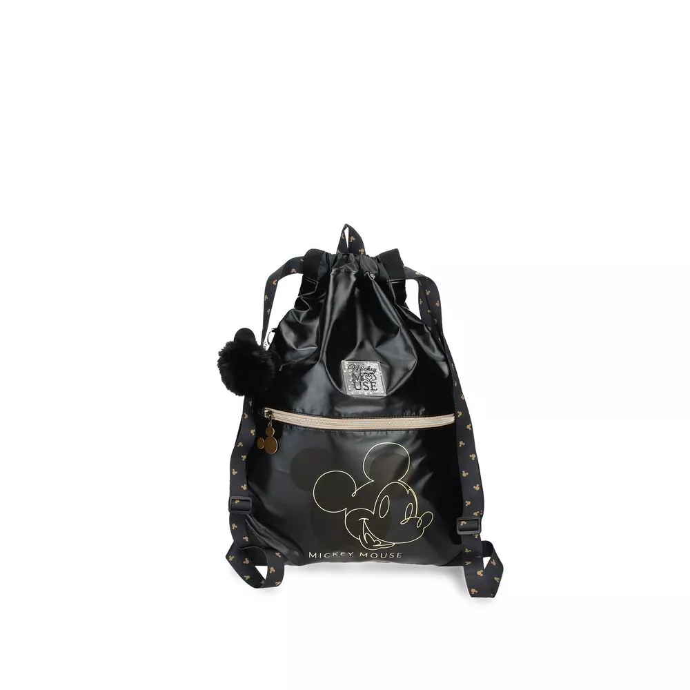 Disney - Mochila Saco Mickey Outline Con Bolsillo Frontal De Cremallera Y Asa Para Colgar Negro barato