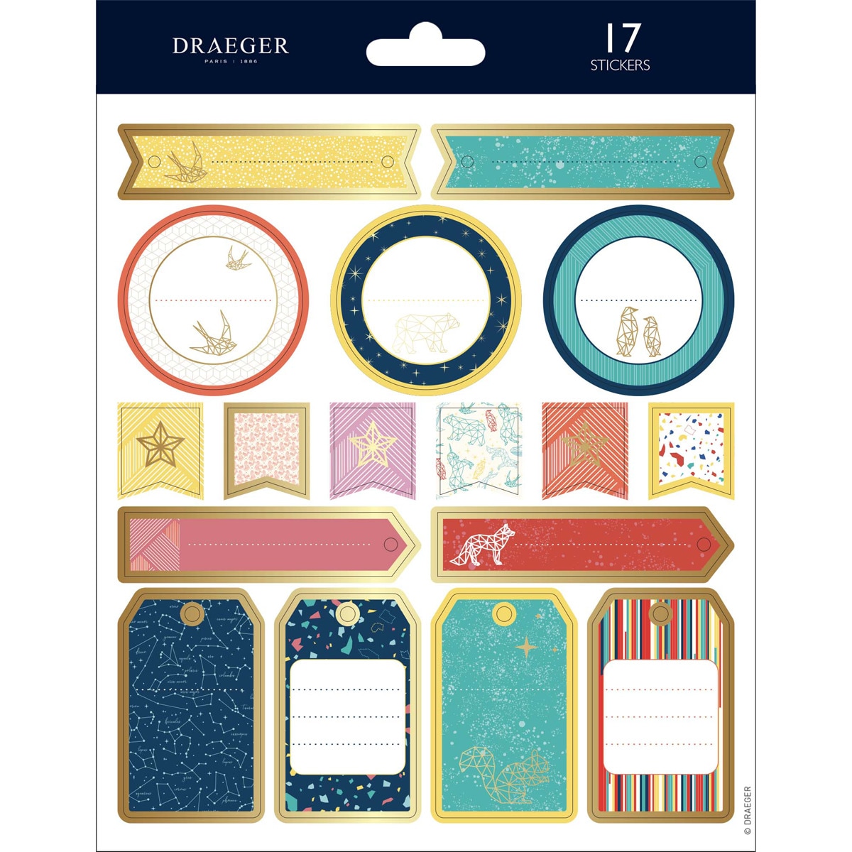 Draeger - Sticker 17 Pegatinas Papel Y Foil Etiquetas Geométricas Multicolor Y Dorado barato