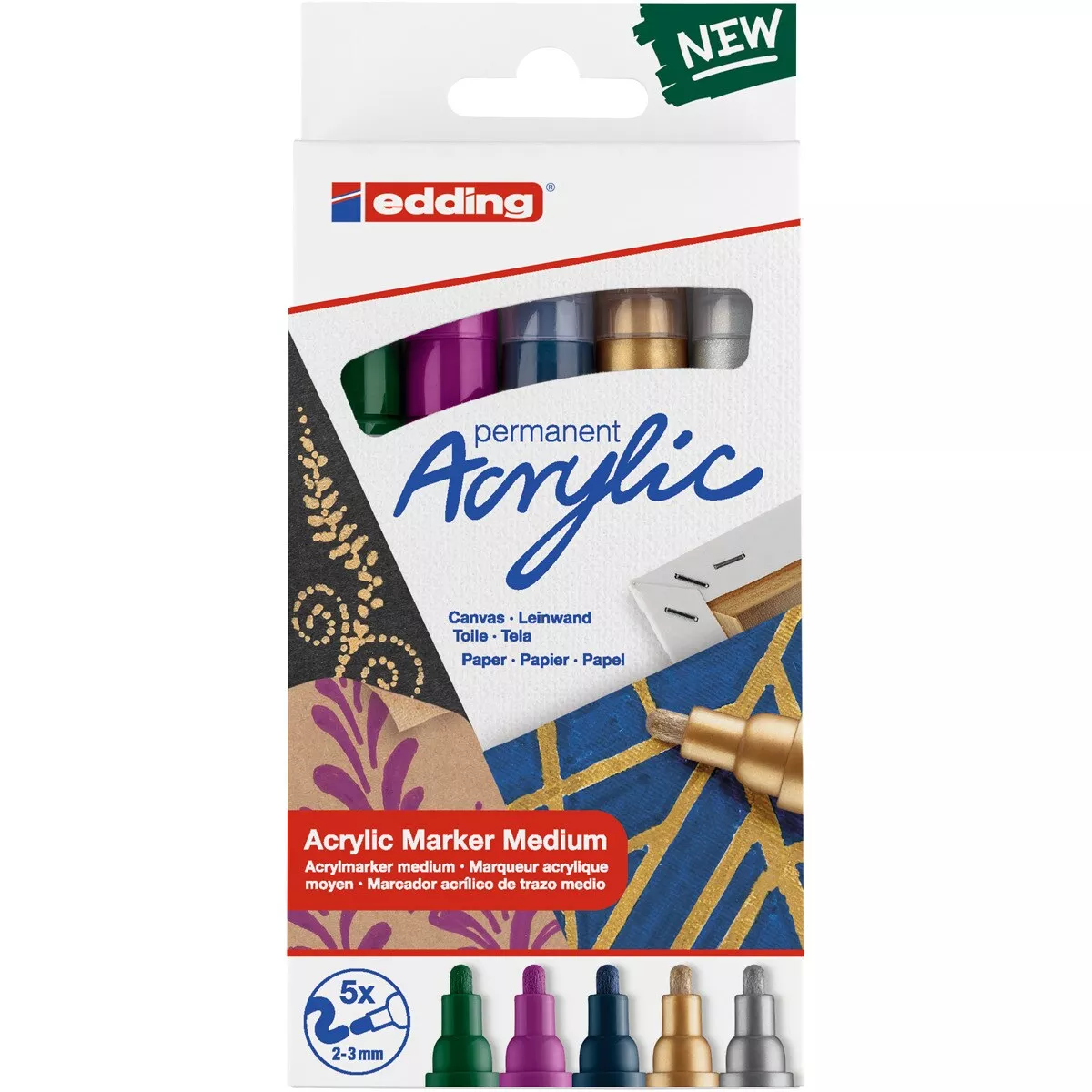 Edding - Juego 5 Marcadores Acrílicos De Trazo Medio Punta Redonda 2-3 Mm Para Lienzo, Madera Y Piedra Colores Festivos. En Oferta Edding - Juego 5 Marcadores Acrílicos De Trazo Medio Punta Redonda 2-3 Mm Para Lienzo