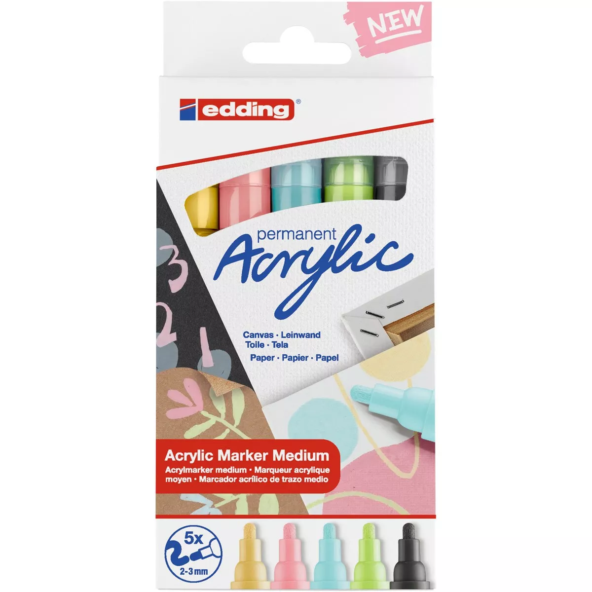 Edding - Juego 5 Marcadores Acrílicos De Trazo Medio Punta Redonda 2-3 Mm Para Lienzo, Madera Y Piedra Colores Pastel. En Oferta Edding - Juego 5 Marcadores Acrílicos De Trazo Medio Punta Redonda 2-3 Mm Para Lienzo