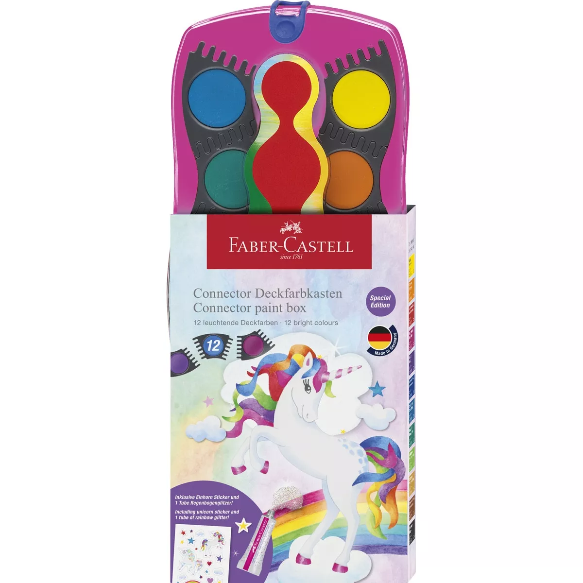 Faber-Castell - Caja Acuarelas Connector, Rosa, 12 Colores, 1 Tubo De Purpurina Arcoíris Y Adhesivos De Unicornios En Oferta Faber-Castell - Caja Acuarelas Connector
