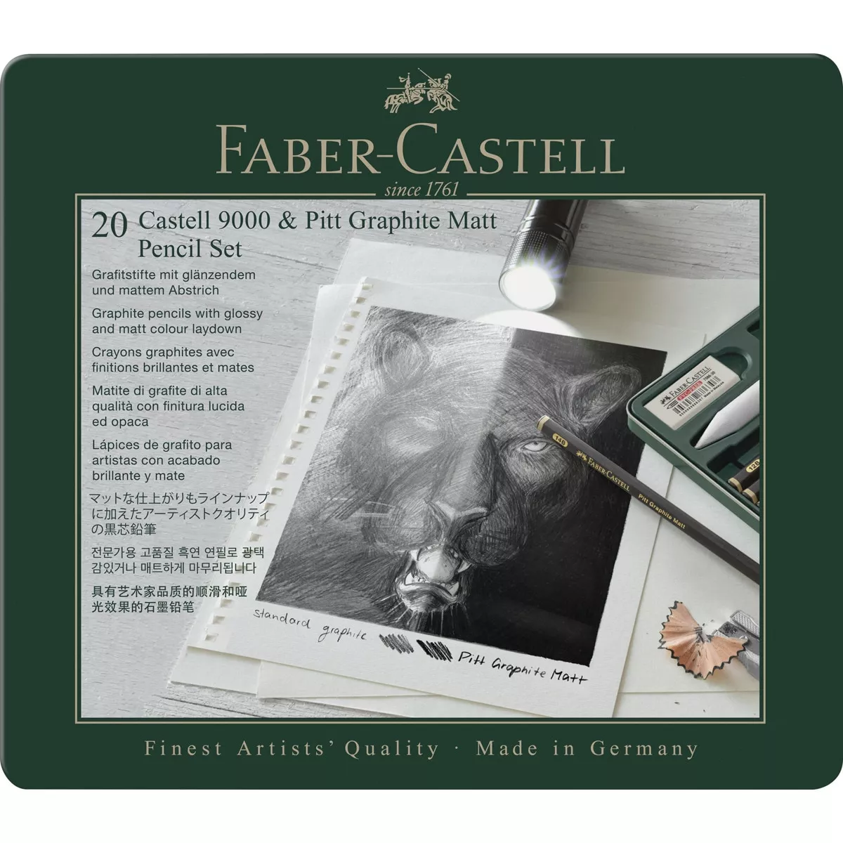 Faber-Castell - Estuche De Metal 8 Lápices Pitt Graphite Matt, 8 Lápices 9000, 1 Difumino, 1 Goma, 1 Goma Moldeable Y 1 Afilalápices En Oferta Faber-Castell - Estuche De Metal 8 Lápices Pitt Graphite Matt