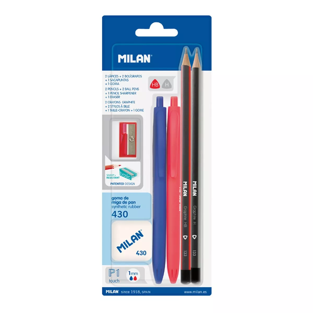 Milan - Pack 2 Bolígrafos P1 Touch (Azul/Rojo) + 2 Lápices Grafito Hb Y H + Goma 430 + Sacapuntas En Oferta Milan - Pack 2 Bolígrafos P1 Touch (Azul/Rojo) + 2 Lápices Grafito Hb Y H + Goma 430 + Sacapuntas Barato