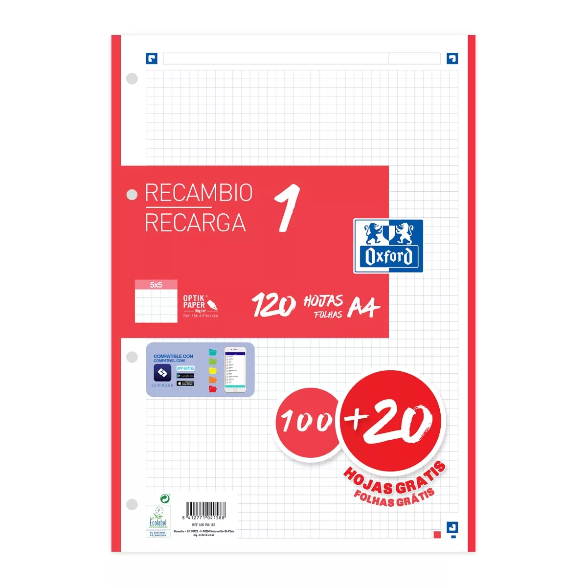 Oxford - Recambio Paquete A4 Con 1 Color De Banda 5X5 Promoción 100+20 Hojas School Rojo En Oferta Oxford - Recambio Paquete A4 Con 1 Color De Banda 5X5 Promoción 100+20 Hojas School Rojo Barato