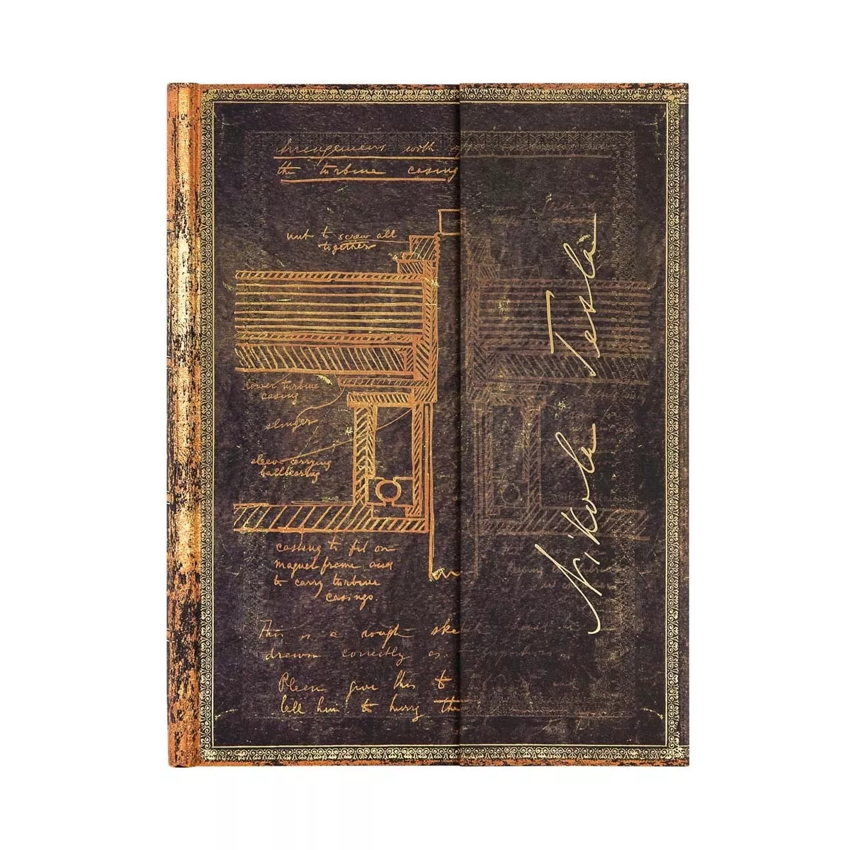 Paperblanks - Libreta Ultra Rayado Horizontal Cierre Con Solapa Magnética Tesla-Bosquejo De Una Turbina Dorados Y Negros barato